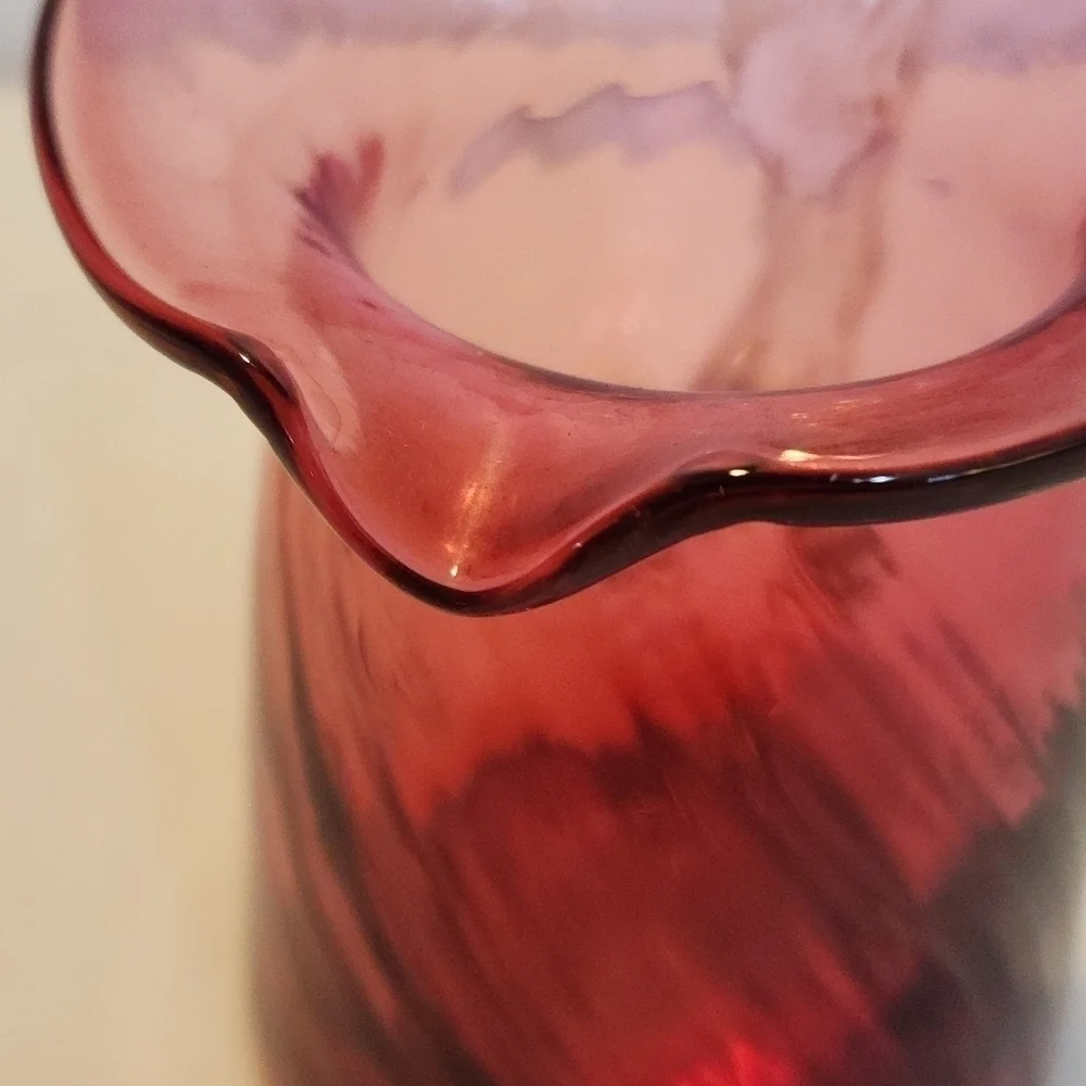 Hand Blown Cramberry Glass Creamer Syrup Pink Small Pitcher Swirl Optic